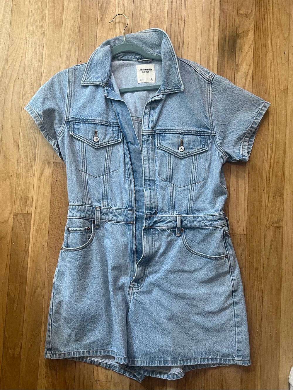 Abercrombie & Fitch Light Blue Denim Short-Sleeve One-Piece Romper